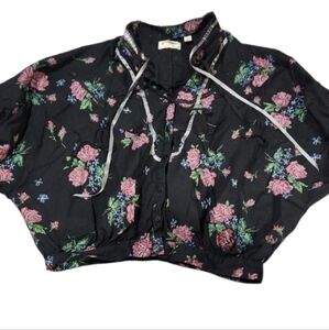 Small Cotton Vintage 80s/90s Baggy Floral Black Blouse